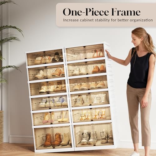 6-Tier Foldable Shoe Rack Organizer, 24 Pairs Stackable & Collapsible Shoe Cabinet with Transparent Doors & Leather Handles, Space-Saving Storage for Entryway, Closet, Kitchen, Cabinet, White - size: 6 Tiers