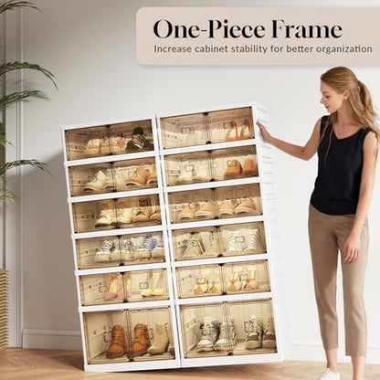 6-Tier Foldable Shoe Rack Organizer, 24 Pairs Stackable & Collapsible Shoe Cabinet with Transparent Doors & Leather Handles, Space-Saving Storage for Entryway, Closet, Kitchen, Cabinet, White - size: 6 Tiers