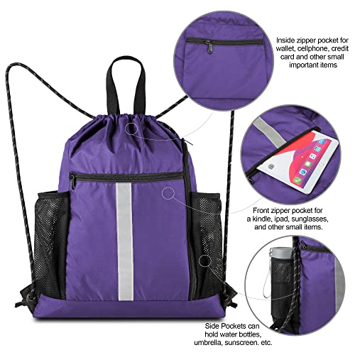BeeGreen Purple String Bag Sack Gym Backpack with Shoe Compartment and Two Water Bottle Holder for Men Women Lightweight Durable Drawstring Cinch Sackpack - color: Purple, style: Drawstring With Shoe Compartment