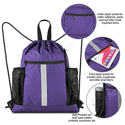 BeeGreen Purple String Bag Sack Gym Backpack with Shoe Compartment and Two Water Bottle Holder for Men Women Lightweight Durable Drawstring Cinch Sackpack - color: Purple, style: Drawstring With Shoe Compartment