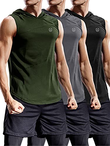 NELEUS Dry Fit Workout Athletic Muscle Tank Top Running Shirts with Hoods - color: 5036# 3 Pack:black,grey,olive Green, size: Small