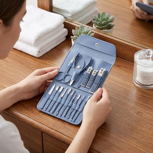 Nail Kit Clippers Pedicure Tools for Feet-Professional Travel Nail Kit 16pcs Grooming Kit Portable Case - color: 16 Blue Items
