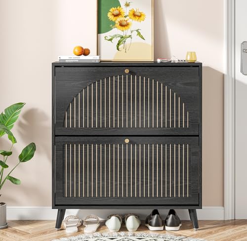 Fsbecl Shoe Storage Cabinet for Entryway with 2 Flip Drawers, Narrow Wood Shoe Cabinet with Fluted Panel, Freestanding Hidden Shoe Organizer for Hallway - color: Black, size: 2 Drawers-Double Layer