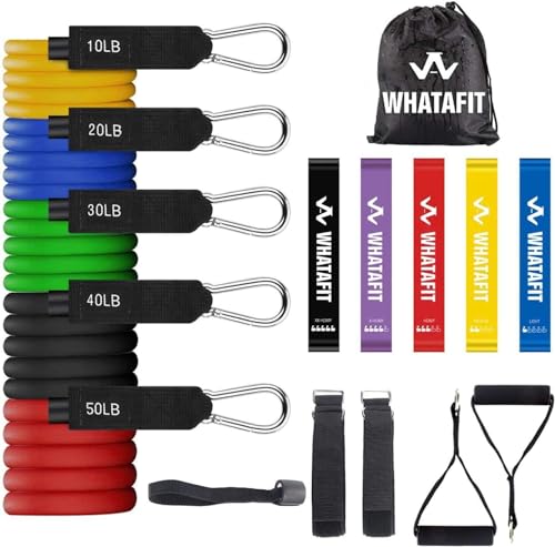 WHATAFIT Resistance Bands with Handles, 5-Level Exercise Bands for Workout | Natural latex,10-50 lbs, stackable to 150,Ankle Straps, Door Anchor,Guide. For Strength, Yoga,Home Gym,Travel & Workout. - color: Colorful