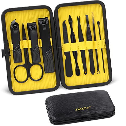 ZIZZON Travel Mini Manicure set Nail Clipper set 10 in 1 Stainless Steel Pedicure Care Grooming kit with Case(Black/Yellow) - color: Black-yellow