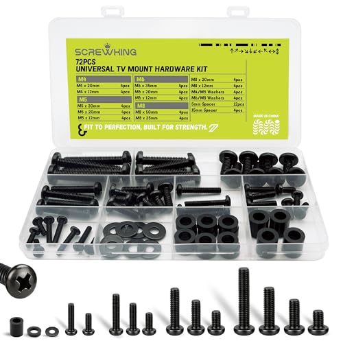 Universal TV Mounting Hardware Kit, 72PCS TV Mount Screws with M4 M5 M6 M8, Washers & Spacers for Most TVs and TV Wall Mount Brackets, Carbon Steel Assorted Mounting Screws Set