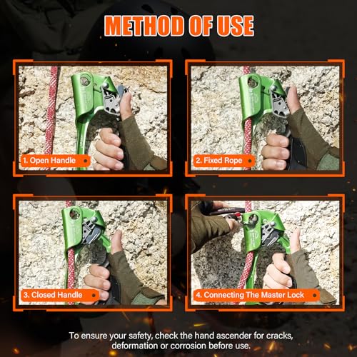 UIAA & CE Certified Rope Ascender Aluminum Alloy Rock Climbing Gear Strong Rigging Rappelling Equipment for Rock Tree Climbing Arborist Rescue Mountaineering Caving - color: Right Hand Green 1