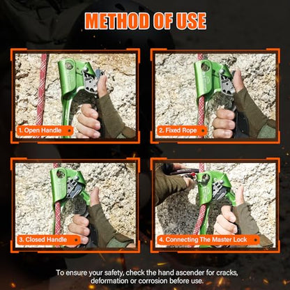 UIAA & CE Certified Rope Ascender Aluminum Alloy Rock Climbing Gear Strong Rigging Rappelling Equipment for Rock Tree Climbing Arborist Rescue Mountaineering Caving - color: Right Hand Green 1