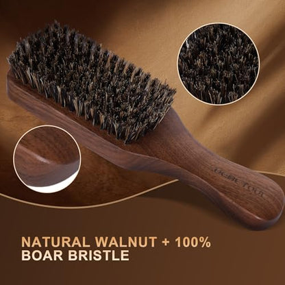 DEBETOOL Natural Walnut Wood Mens Hair Brush - Stiff Boar Bristle Men's Hair Brush for Thin Hair Detangling, Beard Straightens