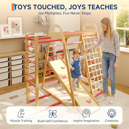 7-in-1 Wooden Jungle Gym, Indoor Kids Climbing Playset for Toddlers - color: Rainbow