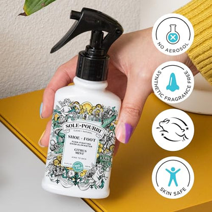 Sole-Pourri Shoe Deodorizer + Foot Spray, 3.4 Fl Oz, Up to 150 Uses, Funk-Fighting Odor Freshener with Essential Oils, for Smelly Shoes, Feet & Gym Bags, Citrus & Mint Scent - size: 1 Ounce (Pack of 1), style: Citrus Mint