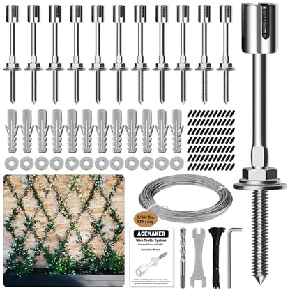 Wire Trellis Kit, 12-Set 5/64” (2mm) Crosshead Kit with 53ft Cable | T316 Marine Grade Stainless Steel, Wall-Mounted Cable Trellis for Climbing Plants Outdoor, Garden Fence Espalier System - size: 12 Sets
