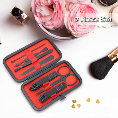 Manicure Set-Stainless Steel Nail Care Set-Professional 7 in 1 Ingrown Toenail Clipper Grooming Tool-Pedicure Kit & Toe Nail Cutter-Thick Nail Scissors Toiletries with Cuticle Trimmer (Black) - color: Black