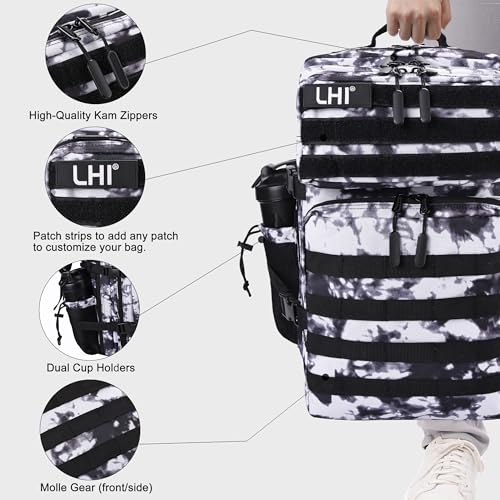 LHI Military Tactical Backpack for Men and Women 45L Army 3 Days Assault Pack Bag Large Rucksack with Shoe Compartment - color: 1.6 Black and White