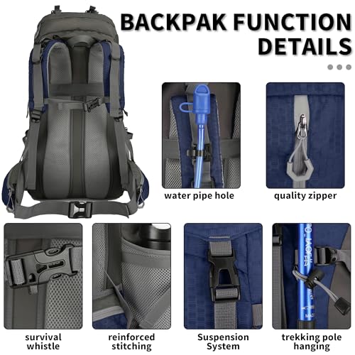 60L Hiking Backpack, Waterproof Camping Backpacking Backpack for Men Outdoor Climbing Daypack (Navy-Blue) - color: Navy-blue