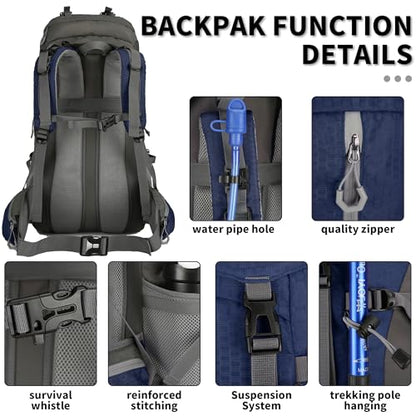 60L Hiking Backpack, Waterproof Camping Backpacking Backpack for Men Outdoor Climbing Daypack (Navy-Blue) - color: Navy-blue