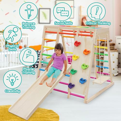 7 in 1 Pikler Indoor Playground Jungle Gym Playset, Wooden Montessori Climber with Slide, Rock Climb Wall, Monkey Bars, Rope Ladder, Climbing Rope and Swing for Kids（Rainbow）