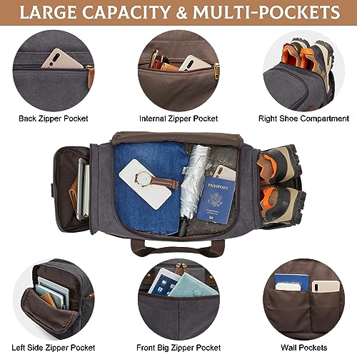 S-ZONE 65L Expandable Canvas Duffle Bag Travel Overnight Holdall Weekend Bag with Shoes Compartment Large Carry On Bag Tote Gym Bag for Men Women, Grey, L | Cotton Canvas, 45L Large Size, Shoes Compartment,Multi-Pocket, Removable Shoulder strap for Gym or