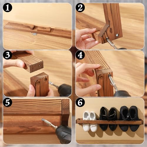 4 Pcs Wall Mounted Wooden Shoe Rack 30 Inch Rustic Wood Wall Hanging Shoe Rack Space Saving Footwear Holder Shoes Storage Organizer for Mudroom, Entryway, Closet (Burnt Wood) - color: Burnt Wood