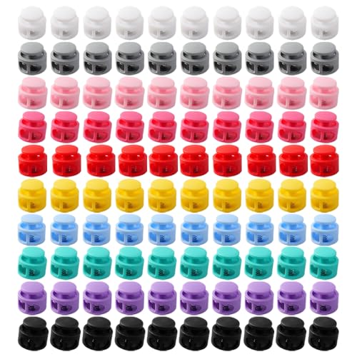 100pcs Plastic Spring Cord Locks for Drawstrings Double Hole Fastener Slider Toggles Clip,Mixed Color