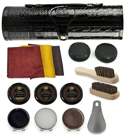 Stone and Clark Leather Shoe Shine Kit - 13 PCS Shoe Polish Kit for Complete Leather Boot Care, Compact & Travel Friendly - style: Textured Black Kit