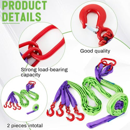 2 Pcs 6.6 ft Polyester Lifting Straps Set - Four Leg Bridle Web Sling & Endless Round Slings Rigging Straps for Hoist, Engine, Crane, Machinery Moving & Tree Stump Removal 6600 lbs Capacity