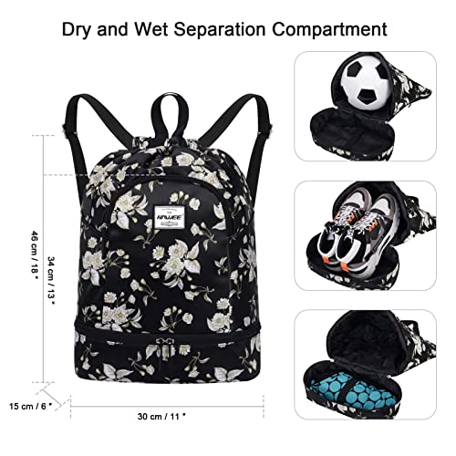 Dry Wet Drawstring Backpack with Shoe Compartment for Women Adjustable Gym Bag - color: Beige Flower