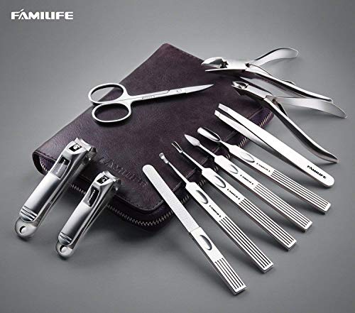 FAMILIFE Manicure Set, Nail Clippers Set Professional Manicure Kit 11 in 1 Stainless Steel Pedicure Tools Nail Kit Mens Grooming Tool with Portable Leather Travel Case Dark Violet Birthday Gifts - color: Purple