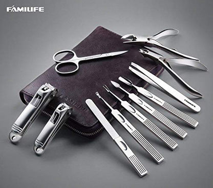 FAMILIFE Manicure Set, Nail Clippers Set Professional Manicure Kit 11 in 1 Stainless Steel Pedicure Tools Nail Kit Mens Grooming Tool with Portable Leather Travel Case Dark Violet Birthday Gifts - color: Purple