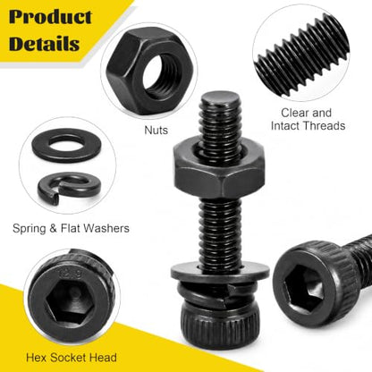 185PCS M6 Screws with Nuts Assortment Kit - M6x8/10/12/16/20/25/30/35 mm Hex Socket Head Cap Bolts with Nuts & Washers Assorted Set - 12.9 Alloy Steel Black Zinc Plated Anti-Rust Hardware Set - size: M6 185pcs