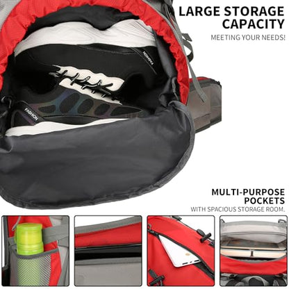 70L Camping Hiking Backpack with Rain Cover Waterproof Backpacking Backpack for Hiking Treeking Climbing Outdoor - color: Red