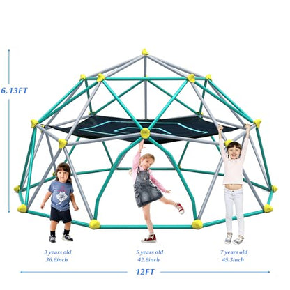 Merax 12FT Climbing Dome with Hammock, Outdoor Geometric Dome Climber | Playground Climber for Kids 3-10 Supporting 1000 lbs, Easy Assembly Play Center Jungle Gym - style: 12FT Green & Silver