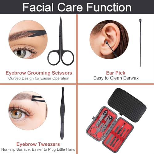 AOMIG Nail Clipper Set 7 pcs Manicure Pedicure Nail Care Kit with Luxurious Leather Case Fingernail Toenail Clippers Portable Stainless Steel Ear Pick Eyebrow Scissors Fingernail File Tweezer Kit - color: Black