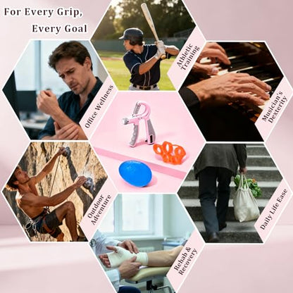 CYFIE Grip Strength Trainer Kit, Adjustable 10-132 lb, Hand Exerciser | Forearm Strengthener, Finger Stretcher, Stress Ball and Bag for Grip Recovery, Wrist Training, Rehab, Climbers and Musicians - color: Pink