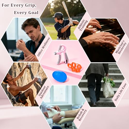 CYFIE Grip Strength Trainer Kit, Adjustable 10-132 lb, Hand Exerciser | Forearm Strengthener, Finger Stretcher, Stress Ball and Bag for Grip Recovery, Wrist Training, Rehab, Climbers and Musicians - color: Pink