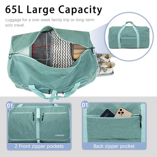 65L Foldable Duffle Bag with Shoe Compartment - Large Travel Duffel Bag for Men & Women, Packable Weekend Bag with Trolley Sleeve, Water-Resistant & Lightweight Gym Bag for Travel, Sports（Green） - color: Green