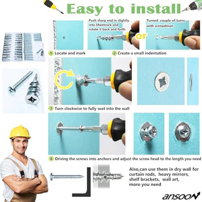 50Pcs Metal Self Drilling Drywall Anchors Heavy Duty with Screws Kit | 25 Heavy Duty Metal Wall Anchors for Drywall with 25 #8 x 1-1/4'' Screws ,No Pre Drill Hole Required, Holds Upto 75lbs