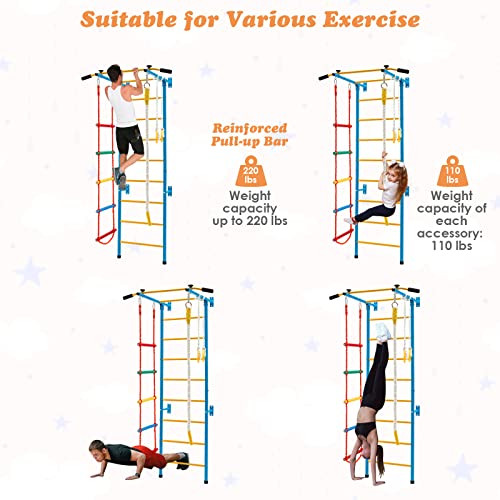 Costzon 5 in 1 Climbing Toys for Toddlers, Indoor Kids Gym for Exercise, Steel Ladder Wall Set with Wall Ladder, Pull-up Bar, Rope, Gymnastic Rings, Solid Wall Set up, Climber Ladder Boys Girls Gift - style: 5-in-1 Climbing Toys