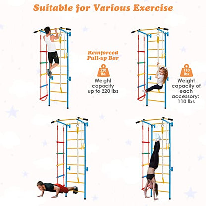 Costzon 5 in 1 Climbing Toys for Toddlers, Indoor Kids Gym for Exercise, Steel Ladder Wall Set with Wall Ladder, Pull-up Bar, Rope, Gymnastic Rings, Solid Wall Set up, Climber Ladder Boys Girls Gift - style: 5-in-1 Climbing Toys