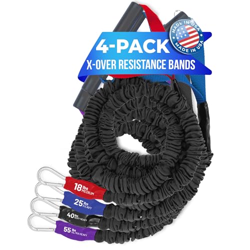 X-Over Resistance Bands: Strengthen Shoulders, Reduce Pain, Prevent Injury, Ideal for Dynamic Warmups & Rehab, with Robust Fabric Safety Sleeve to Protect from Over-Stretching - 4 Pack