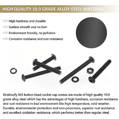 202 Pieces Black M5 x 30/35 /40/45 /50 mm Button Head Socket Cap Screws Nuts Washers Assortment Kit, 10.9 Grade Alloy Steel - size: M5 x 30/35/40/45/50mm, style: Button Head