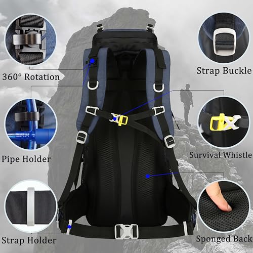 60L Travel Hiking Camping Backpack with Rain Cover, Backpack Water Resistant,Climbing Backpack for Men Women - color: Deep Blue
