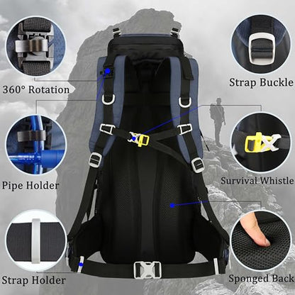 60L Travel Hiking Camping Backpack with Rain Cover, Backpack Water Resistant,Climbing Backpack for Men Women - color: Deep Blue