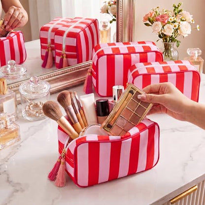Kacctyen 6 Pack Tomato Red and Light Pink Striped Makeup Bag bulk with Tassel Travel Cosmetic Pouch Organizer Large Zipper Toiletry Case for Women Aesthetic Storage Pouch Mahjong Tile Bag - color: Tomato Red and Light Pink