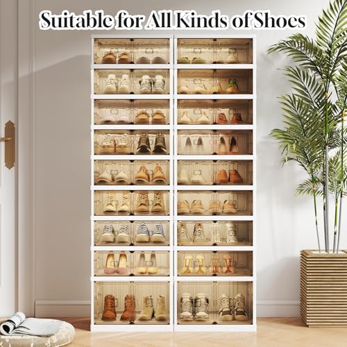 9-Tier Foldable Shoe Rack Organizer, 36 Pairs Stackable & Collapsible Shoe Cabinet with Transparent Doors & Leather Handles, Space-Saving Storage for Entryway, Closet, Kitchen, Cabinet, White - size: 9 Tiers