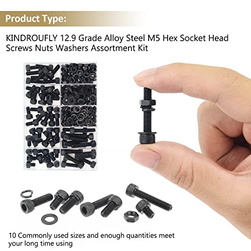 242 Pieces Black M5 x 6/8 /10/12 /16/20 /25mm Hex Socket Head Cap Screws Nuts Washers Assortment Kit, 12.9 Grade Alloy Steel - size: M5, style: Socket Head