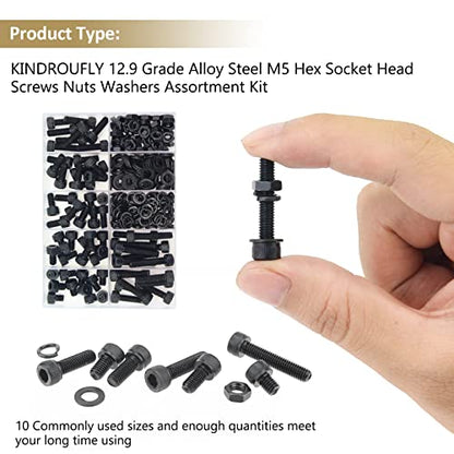 242 Pieces Black M5 x 6/8 /10/12 /16/20 /25mm Hex Socket Head Cap Screws Nuts Washers Assortment Kit, 12.9 Grade Alloy Steel - size: M5, style: Socket Head