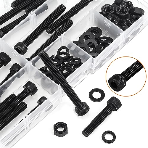 HELIFOUNER 80 Pieces M6 x 30mm /35mm /40mm /45mm /50mm, Hex Socket Head Cap Metric Screws Bolts Washers Nuts Kit, 12.9 Grade Alloy Steel, Fully Threaded, Black - size: M6 x 30/35/40/45/50mm, style: Socket Head