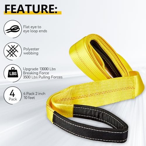 Pindex 4 Pack 2" x 10' Web Lifting Sling 13000 Lbs Breaking Force 3500 Lbs Pulling Forces Lift Sling Straps for Rocks Trees Mowers Tool Boxes in Trailers Tractors Trucks, Yellow