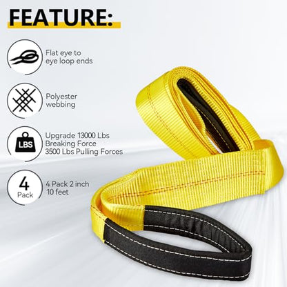 Pindex 4 Pack 2" x 10' Web Lifting Sling 13000 Lbs Breaking Force 3500 Lbs Pulling Forces Lift Sling Straps for Rocks Trees Mowers Tool Boxes in Trailers Tractors Trucks, Yellow